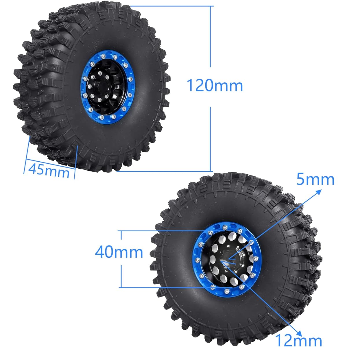 Hobbypark 1.9 Beadlock Wheel Rims Aluminum and 1.9 RC Crawler Tires 4.7" Tall with Outer Diameter Foam Inserts for Traxxas TRX4 Axial SCX10 SCX10 II III Redcat Gen 8 Set of 4 (with Blue Rims)