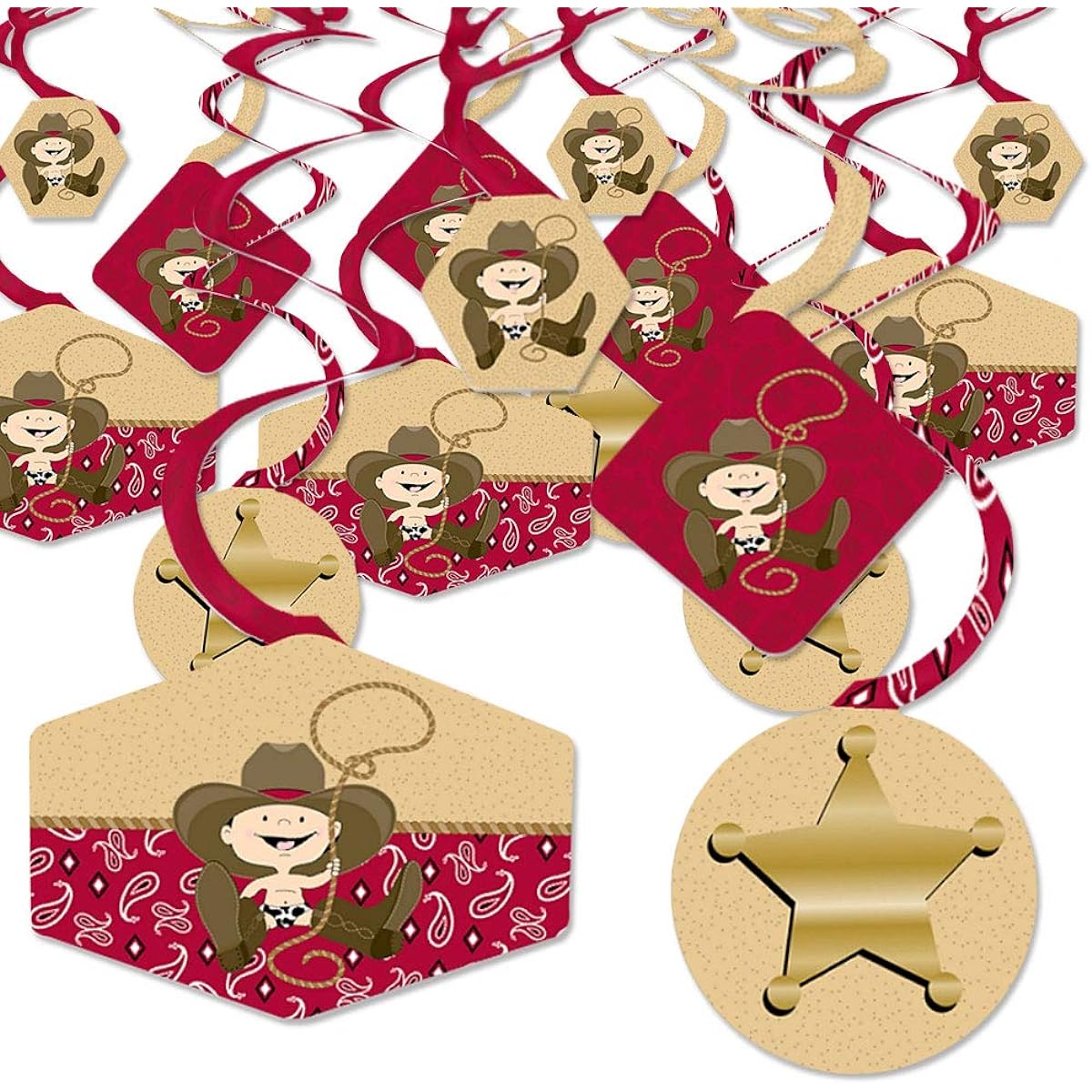 Little Cowboy - Western Baby Shower Birthday Party Hanging Decorations - Party Decoration Swirls - Set of 40