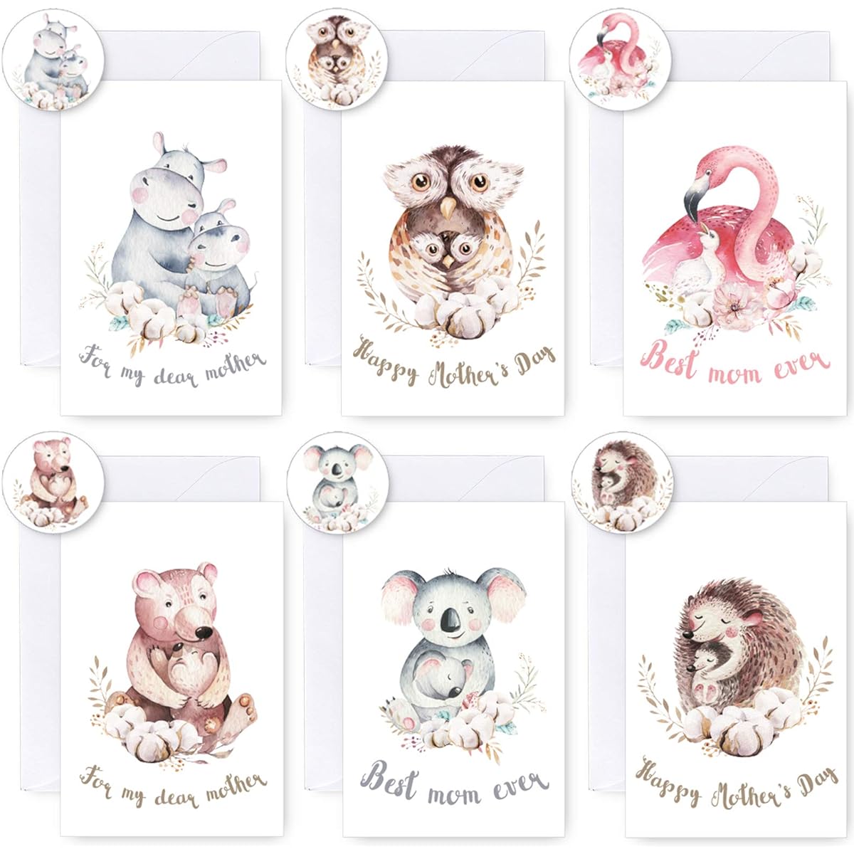Whaline Mother's Day Cards Assortment, 24 Pack Mother's Day Postcards Animal Greeting Cards with Envelopes and Stickers, 6 Designs, Large Mother's Day Notes, Gifts for Women, 4 x 6 Inch