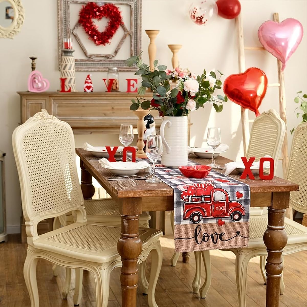 GEEORY Valentine's Day Table Runner 13 x 72 Inch Buffalo Check Truck Love Heart Decorative Farmhouse Table Decorations for Kitchen Dining Indoor Outdoor Dinner Party (White/Black) GT137-72