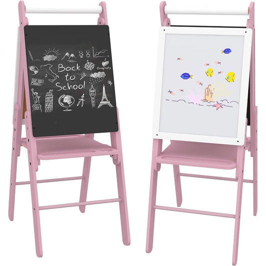 AIYAPLAY Kids Easel with Paper Roll, 3-in-1 Art Easel for Toddlers, Adjustable Height, Double-sided Kids Whiteboard Chalkboard for Ages 3-6 - Pink