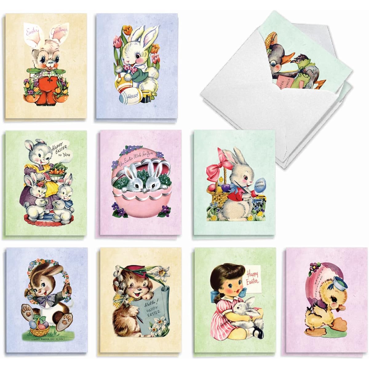 The Best Card Company 20-Piece Easter Note Cards Bulk Box Set 4 x 5.12 Inch with Envelopes (10 Designs, 2 of Each) Vintage Spring Kids AM10422EAG-B2x10