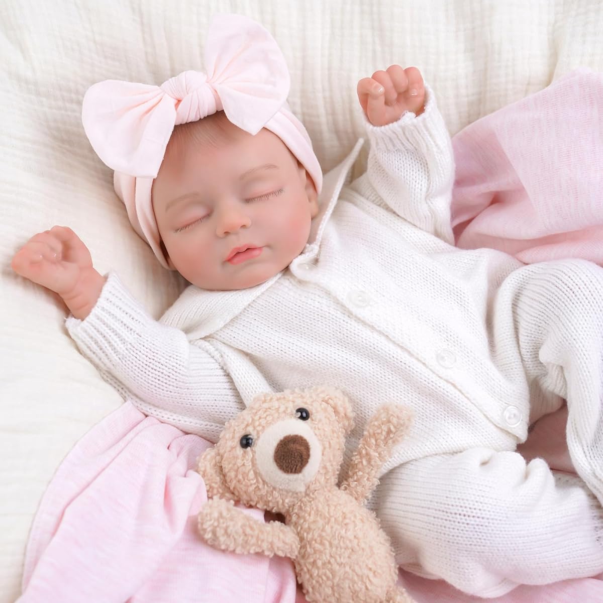 BABESIDE Lifelike Reborn Baby Doll Leo - 17" Soft Body Real Newborn Baby Girl Sweet Sleeping Real Life Baby Doll with Feeding Kit & Clothing Accessories Gift Box for Kids Ages 3+