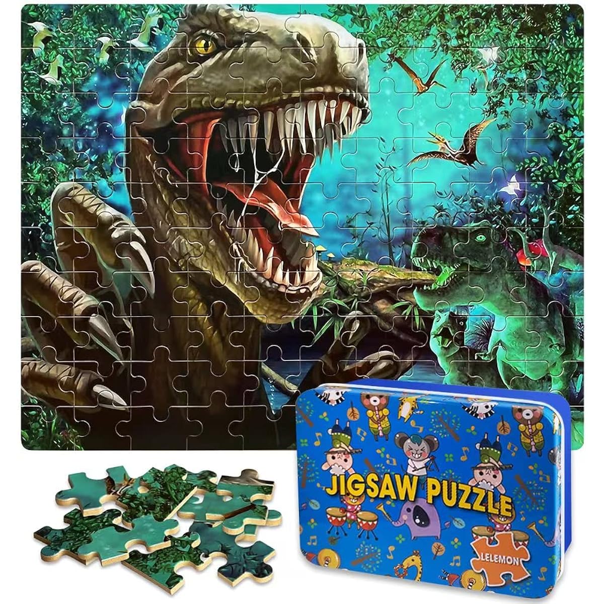 NEILDEN Kids Puzzle 100 Pieces Tyrannosaurus Jigsaw Puzzle for Kids Ages 4-6 Wooden Puzzle with Metal Box Dinosaur Puzzle for Kids Ages 8-10 Great Gift for Girls and Boys
