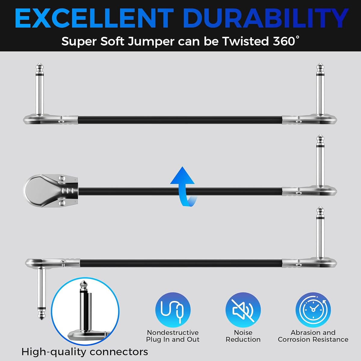 Togconn 6 Pack Guitar Pedal Patch Cable Short Pedal Board Cord 6.35mm (1/4") Right Angle Flat Audio Adapter TS Male Connector for Effect Pedal - 6"