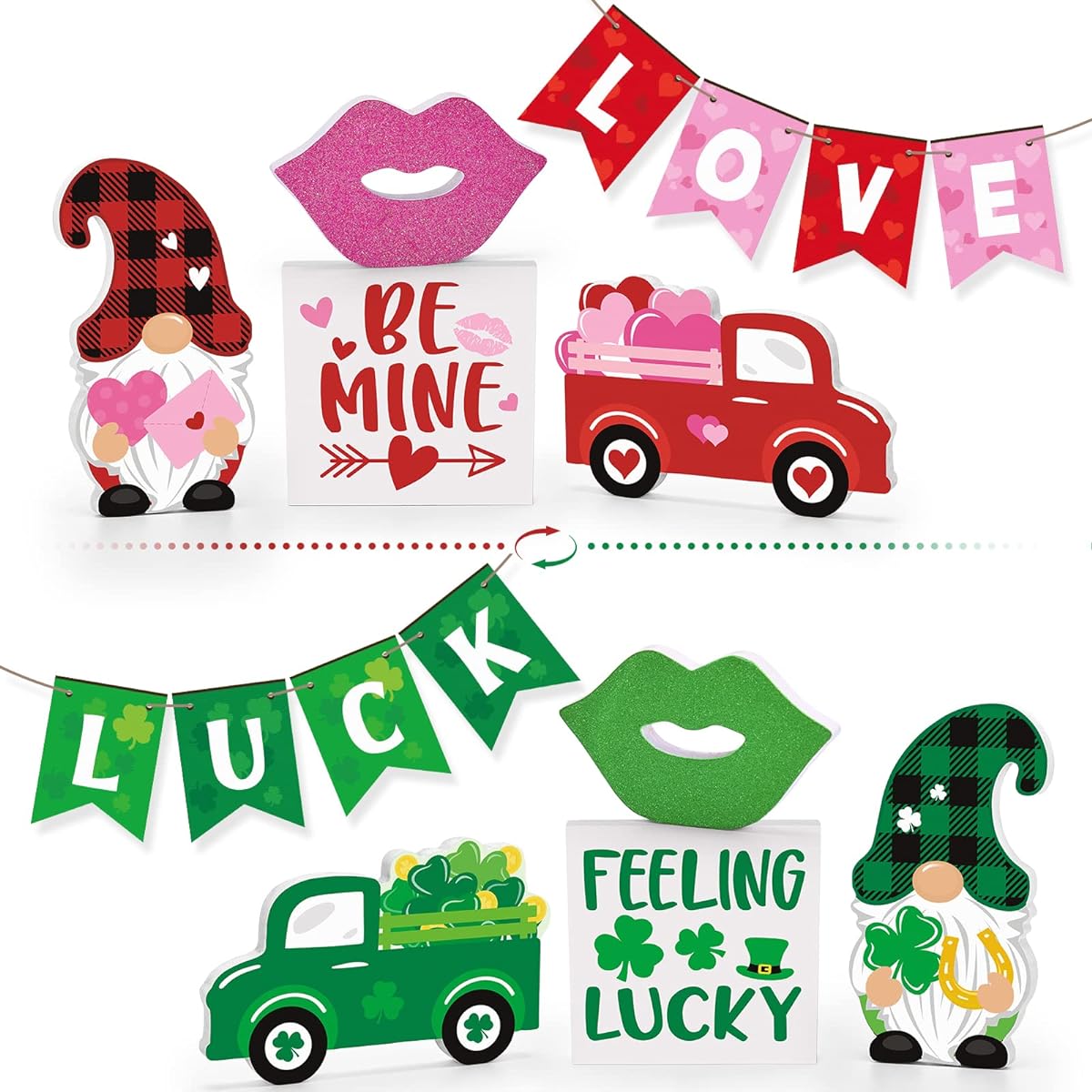 Valentine's Day Tiered Tray Decor, Reversible St. Patrick's Day Wooden Block, Red Truck, Valentine's Day Wooden Gnomes, Irish Kisses Lip Sign, Love Luck Mini Banner, Farmhouse Kitchen Decorations, Pack of 5