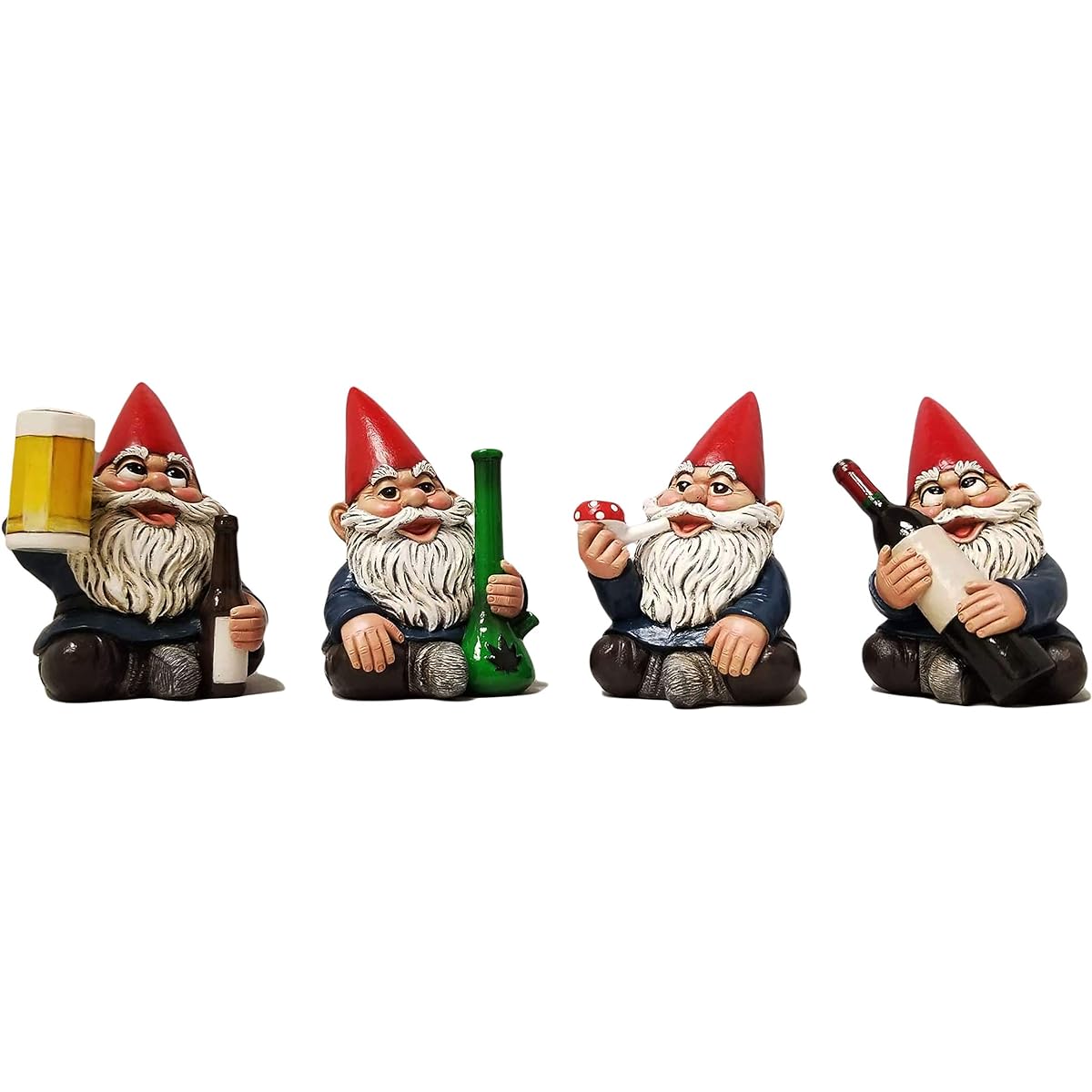 DWK 4" Happy Time Bunch Set of 4 Mini Gnomes Bon Wine Beer and Pipe Party Favors Figurines for Home and Office