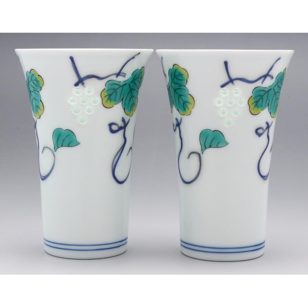 Saisei Pottery Beer Glass Mug White 170ml Hasami Ware Crystal Engraved Beer Cup Pair Grape Painting
