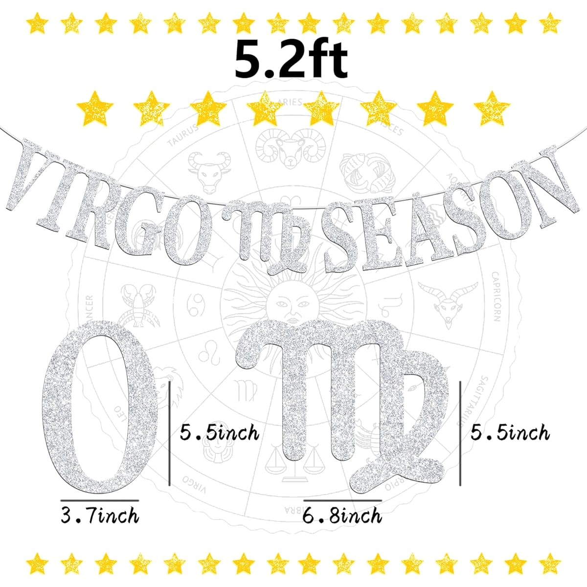 Virgo Season Banner Happy Birthday Virgo Stars and Stripes August/September Big Virgo Energy 12 Zodiac Theme Birthday Party Decorations Supplies Silver Glitter