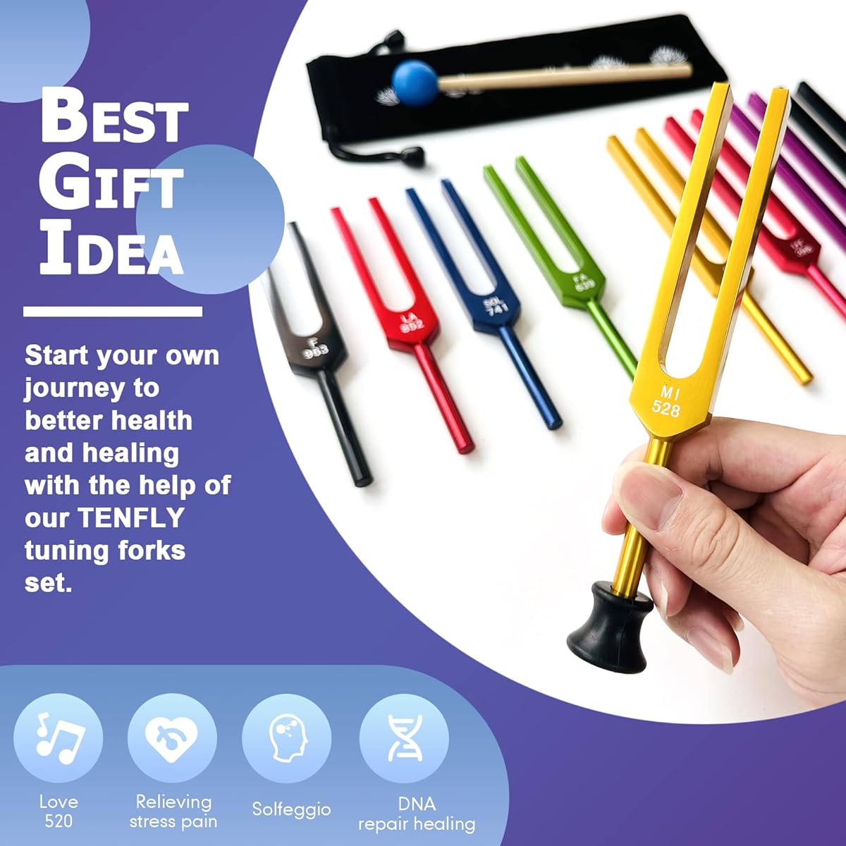 TENFLY Solfeggio Tuning Fork Set - 9 Tuning Forks DNA Healing Chakra Sound Therapy Multicolor with Exquisite Aluminum Gift Box (174Hz, 285Hz, 396Hz, 417Hz, 528Hz, 639Hz, etc.)