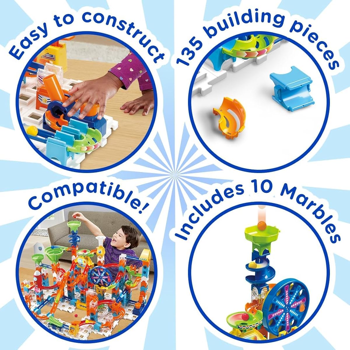 VTech Marble Rush Adventure Set Building Toy for Kids with 10 Marbles and 128 Building Pieces, Electronic Track Set, Color-Coded Toy with Sounds for Boys and Girls, Ages 4+, English Version