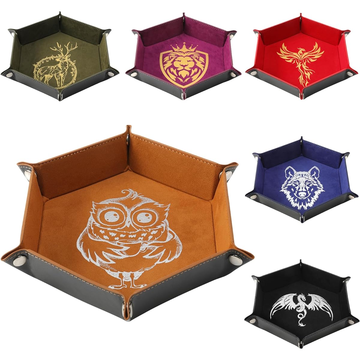Grajar 6 Pcs DND Dice Tray Animal Pattern for RPG D&D Tabletop Games - Foldable PU Leather and Velvet Rolling Holder Storage Box