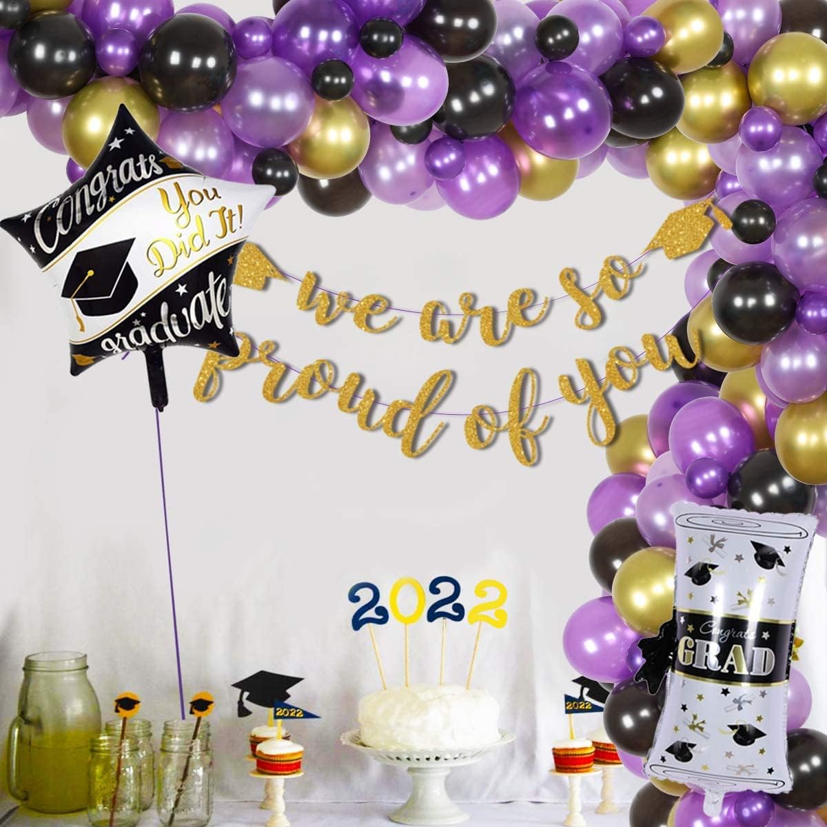 Purple and Gold Graduation Party Decorations Supplies 2021 We are So Proud of You Decorative Banner NYU Graduation Decorations Balloon Garland Arch Kit