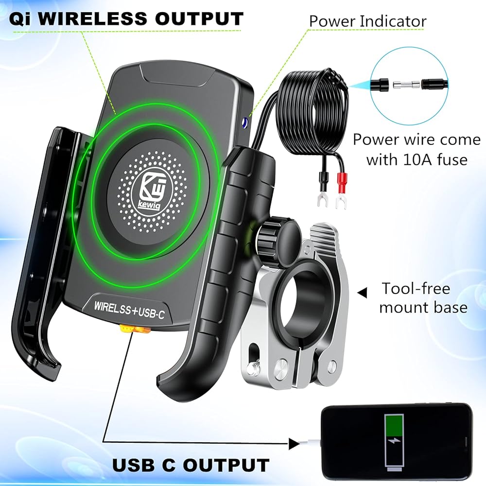 Kewig Motorcycle Phone Mount Wireless 15W & USB C 20W Dual Charger Anti-Vibration Motorcycle Phone Holder Aluminum Alloy Handlebar Mount Base Compatible with 4-7.9 inch Cell Phone