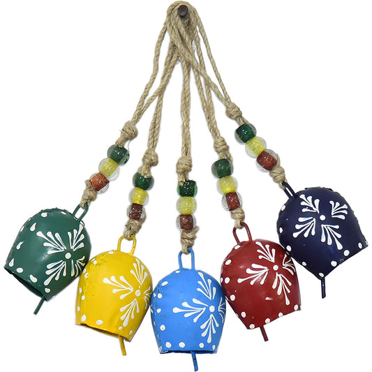 Vivanta Set of 5, 7 cm, Painted Bells Hanging Harmony Multicolor Festive Decor Handmade Metal Bells on Rope, Witch Bells, Wall Hanging Decoration, Cowbell Noise Maker, Farmhouse Wall Decor, 7 Cm Multicolor