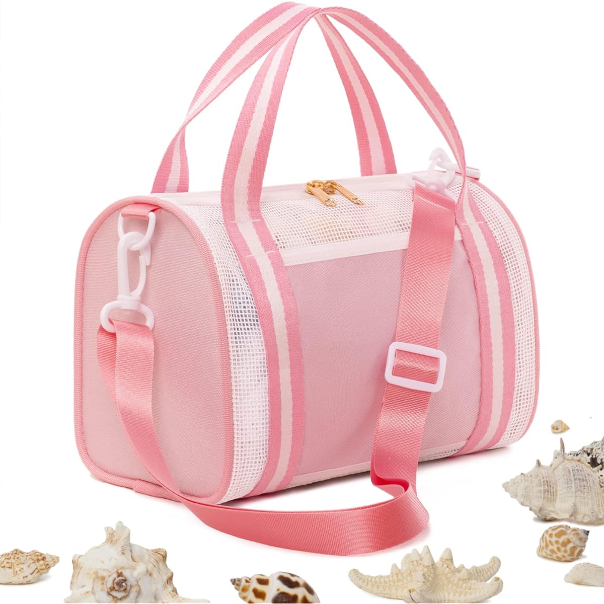 Kids Beach Mesh Bag, Colorful Shell Collection Bag, Beach Toy Tote for Boys & Girls, Perfect for Shell Collecting, Swimming, Going Out, Dancing Practice, Cycling (Bag Only, Pink), Pink