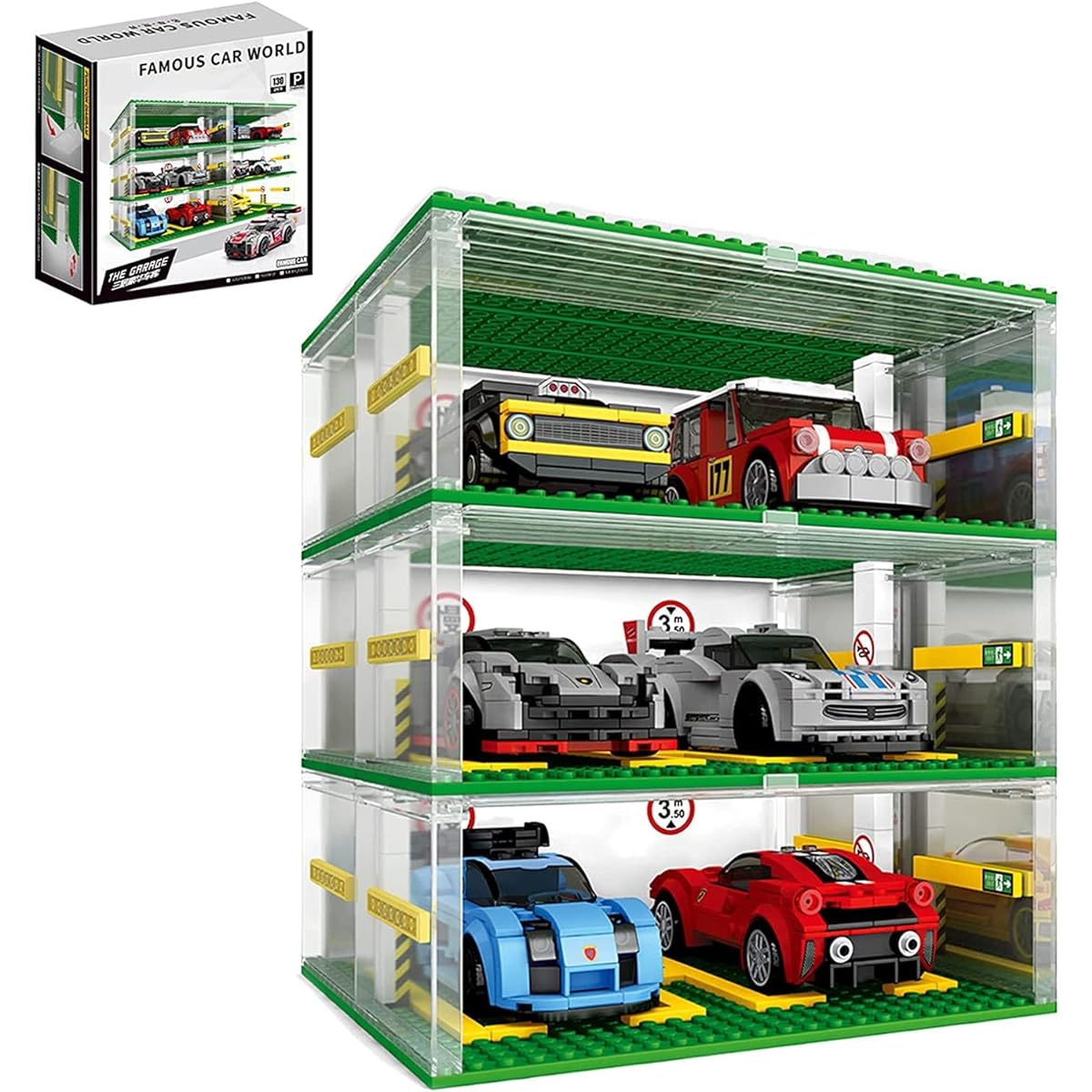 Speed Champions Race Car Parking Garage, DIY 3 Tier Parking Display Case Building Blocks Set (Race Car Model Not Included).