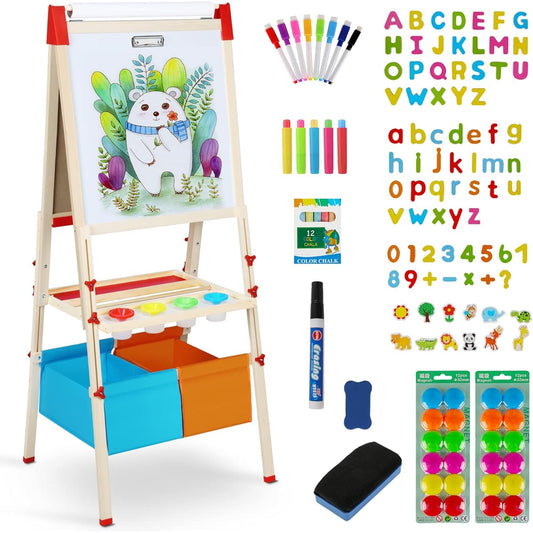 RenFox Kids Easel, Adjustable Standing Kids Art Easel with 140+ Accessories, Double-Sided Magnetic Dry Erase Whiteboard & Chalkboard with Paper Roll, Best Painting Gift for 3-12 Year Old Kids/Boys/Girls