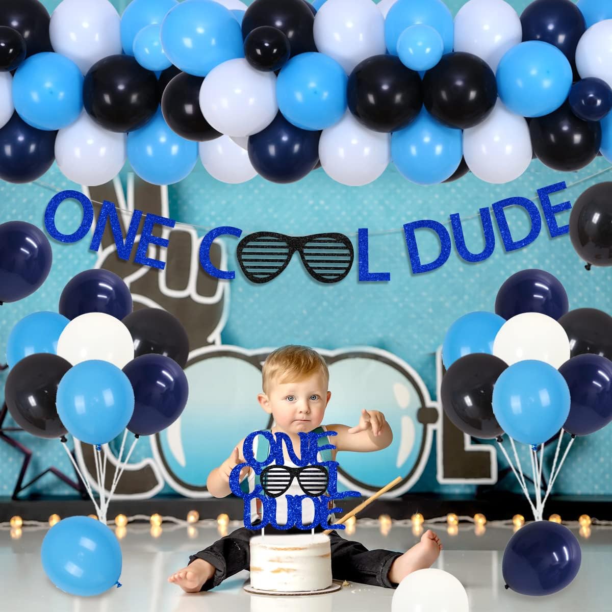 Cool Dude Birthday Party Decorations for Boys Blue and Black Balloon Garland Cool Guy Photo Banner High Chair Banner Sunglasses Cake Topper Boys First Birthday Party Decoration Supplies