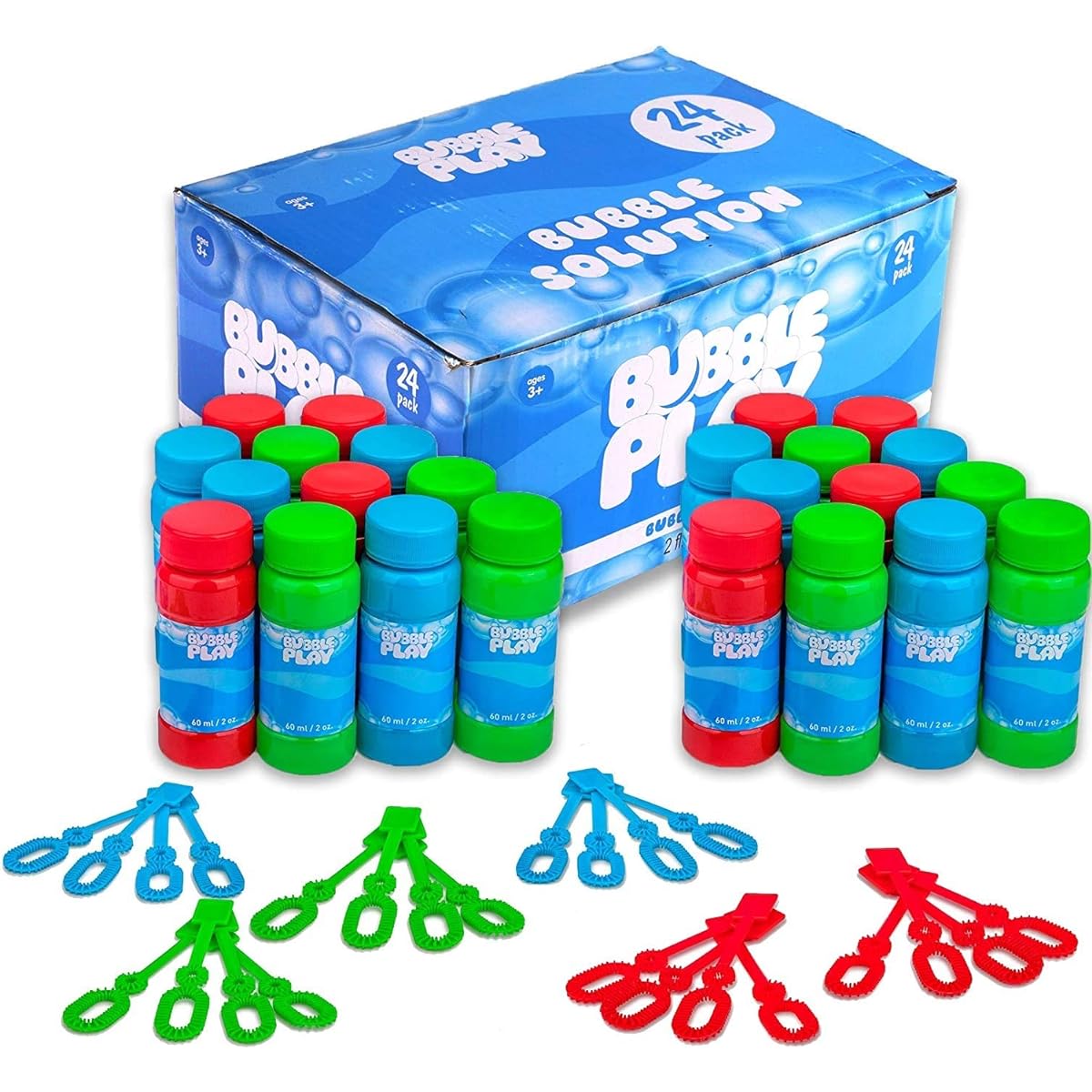 BubblePlay Bubble Blower Bottle with Wand, 24oz 2oz Bubble Solution Bottles for Kids, Outdoor Summer Fun, Birthday Party Favors (24 Pack)