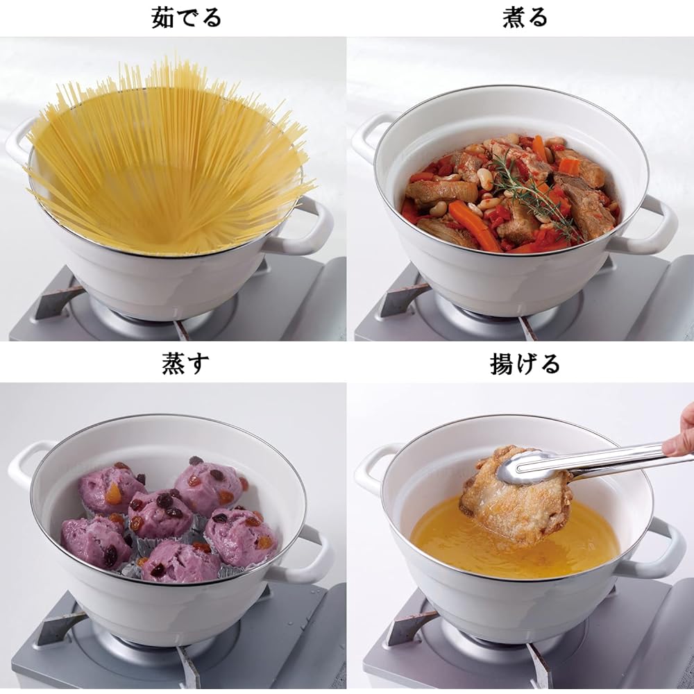 Fuji Enamel, Boiling, Simmering, Steaming, Deep-frying, Multi-functional, Two-handed pot, 27cm, Comes with drainboard, IH compatible, White BMP-27FW/W