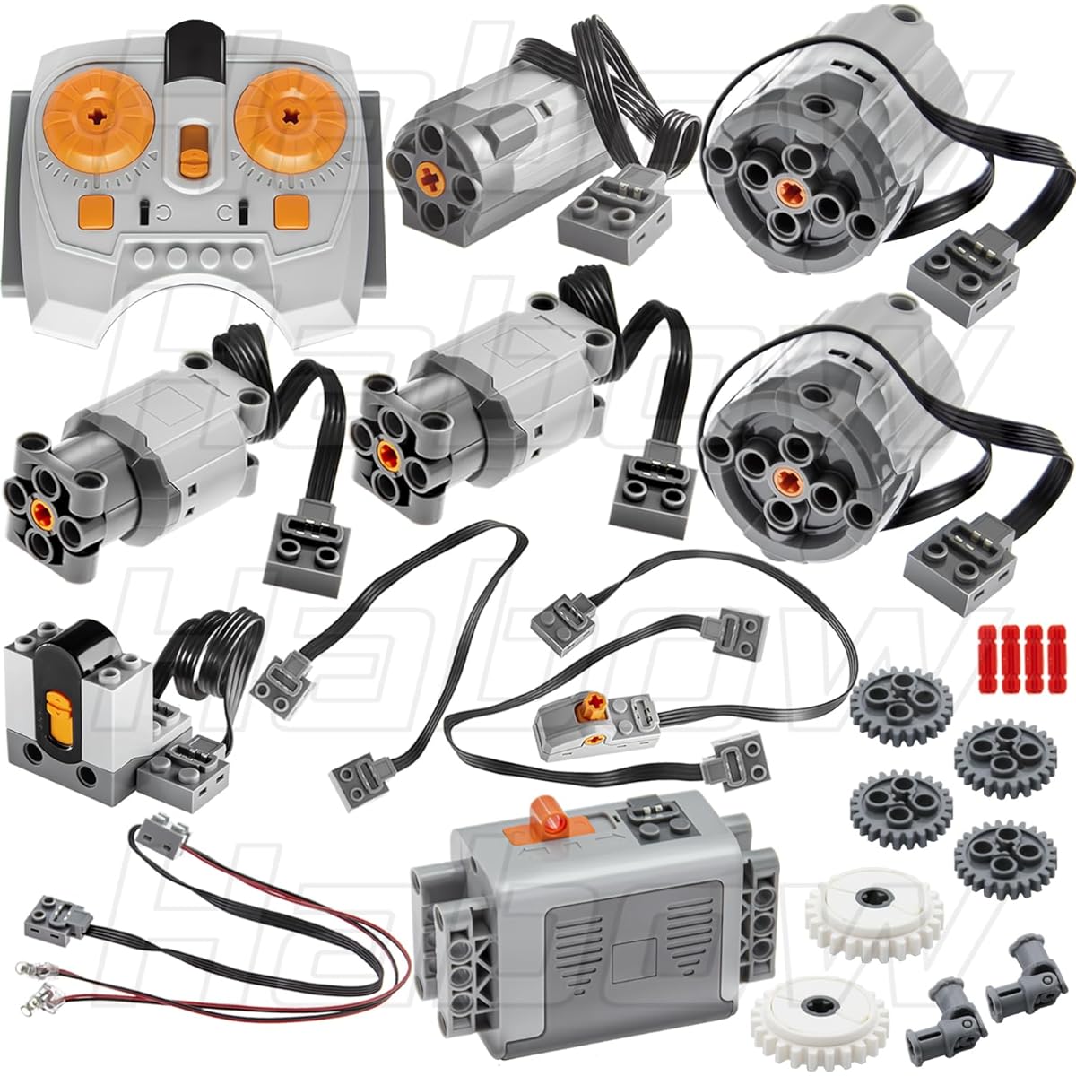 Habow 24 Pieces Power Functions Technic Parts Kit Compatible with Lego motor kits including M/L/XL motors, IR remote control, AA battery box 8881, IR receiver, extension wires, light cords, and control switches.