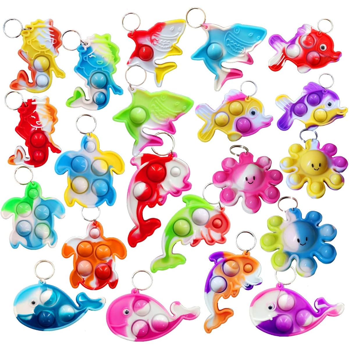 (Birthday Party Favors) 100 Pack Bulk Ocean Animal Fidget Mini Pop Keychain Rainbow Sensory Push Toys for Friends Birthday Summer Party Favors Holiday Kids Children Students Small Prize Gifts