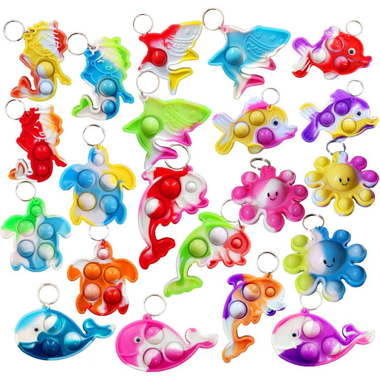 (Birthday Party Favors) 100 Pack Bulk Ocean Animal Fidget Mini Pop Keychain Rainbow Sensory Push Toys for Friends Birthday Summer Party Favors Holiday Kids Children Students Small Prize Gifts
