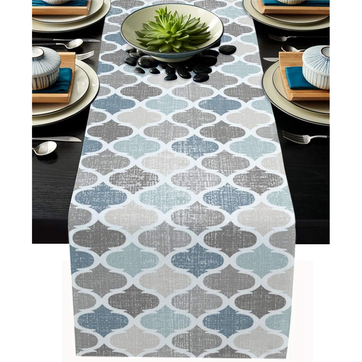 Moroccan Table Runner Cotton Linen 72" Long Geometric Quatrefoil Lattice Dresser Scarf Kitchen Coffee/Dining Farmhouse Table Runner for Home Living Room Holiday Dinner Scarf Decor Blue Grey