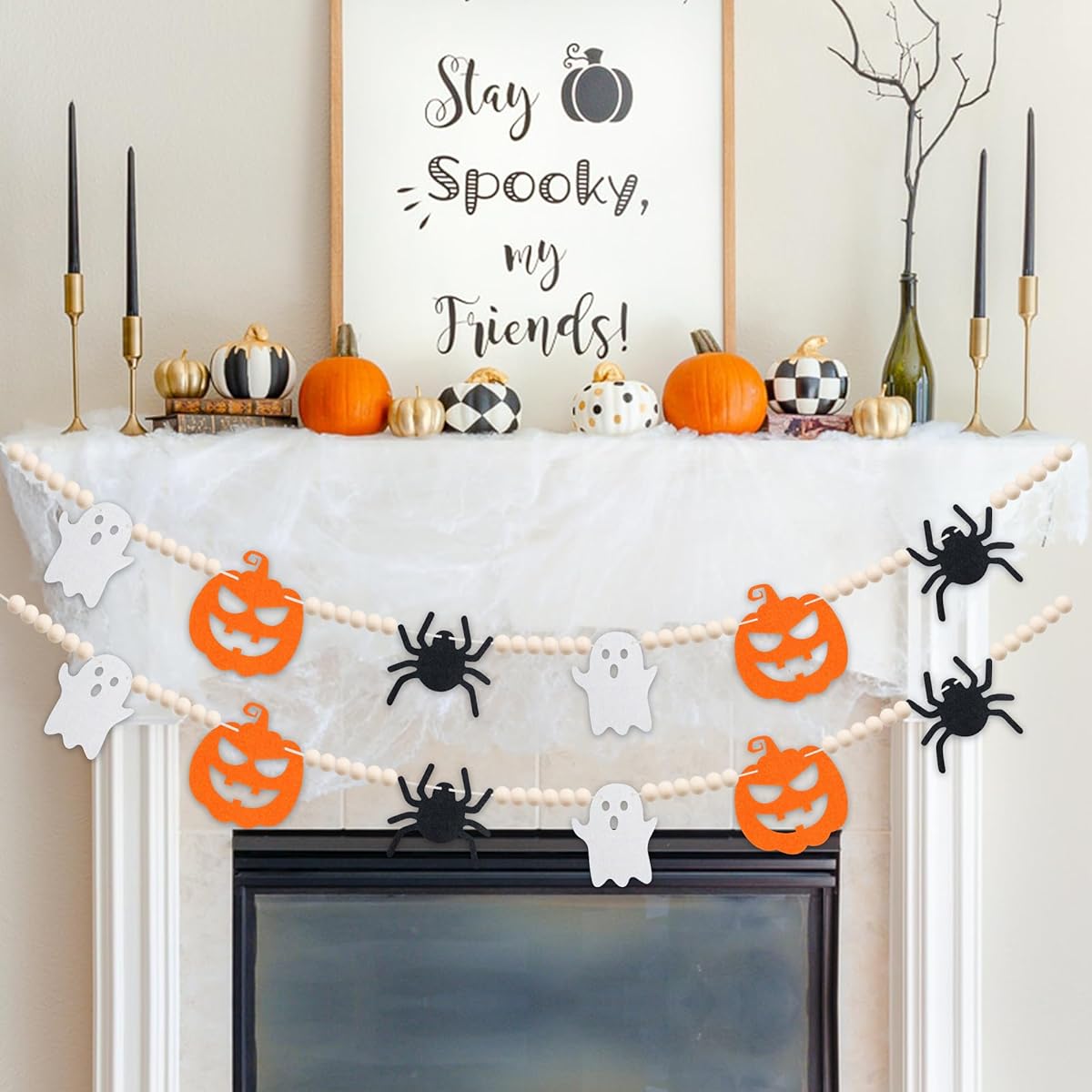 Halloween Decorations Indoor - No DIY - Felt Ghost Pumpkin Spider Wood Beads Garland Halloween Party Decoration Rustic Farmhouse Halloween Felt Banner Haunted House Mantel Wall Decor