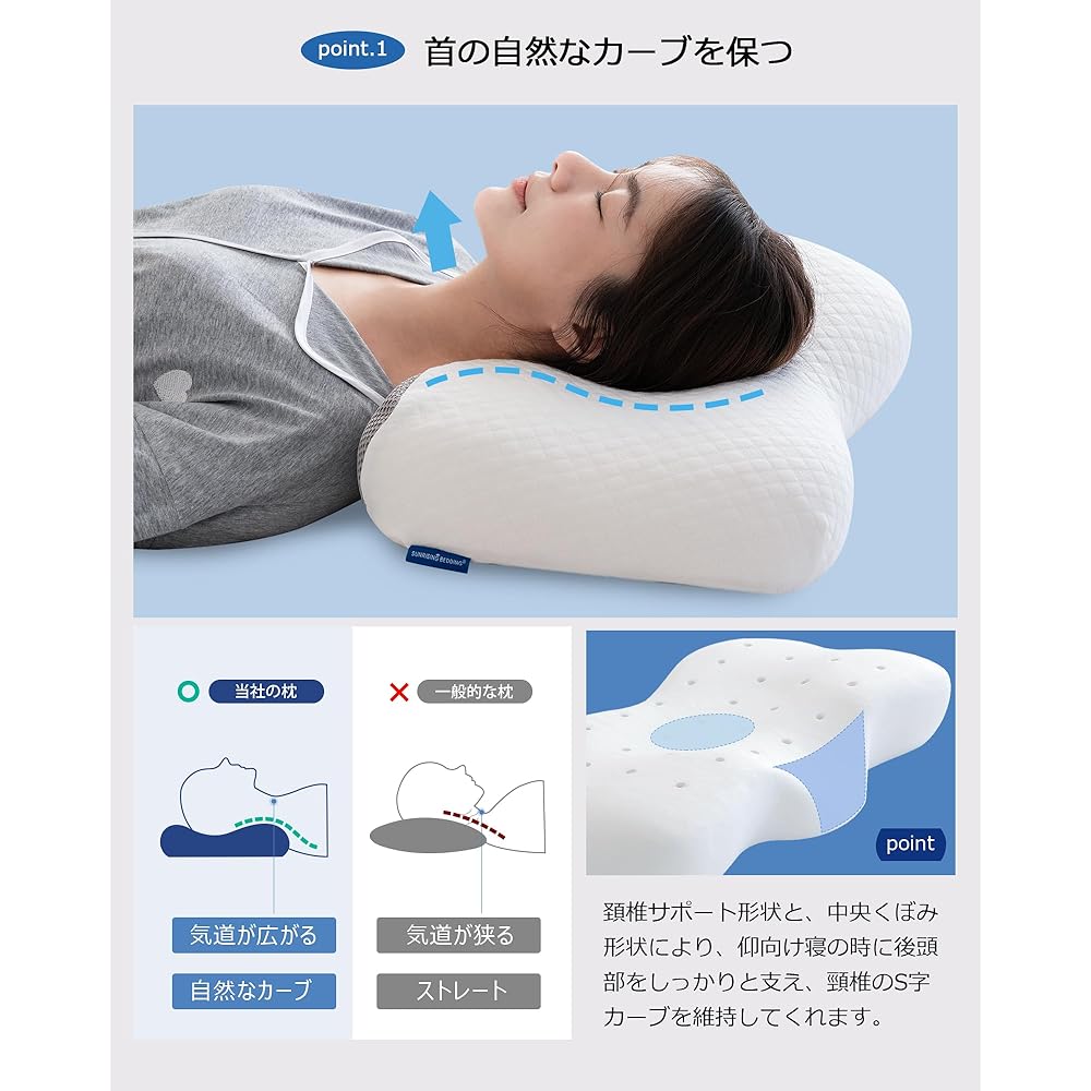 Pillow, Memory Foam Pillow that Doesn't Cause Neck Pain, Sleeping Pillow, Firm, Side Sleeping Pillow, Breathable, Height Adjustment, Pillow, Cervical Vertebrae, Center Hole, Neck Support, Width 60cm x Depth 36.5cm, Sunrising Bedding, Light Gray