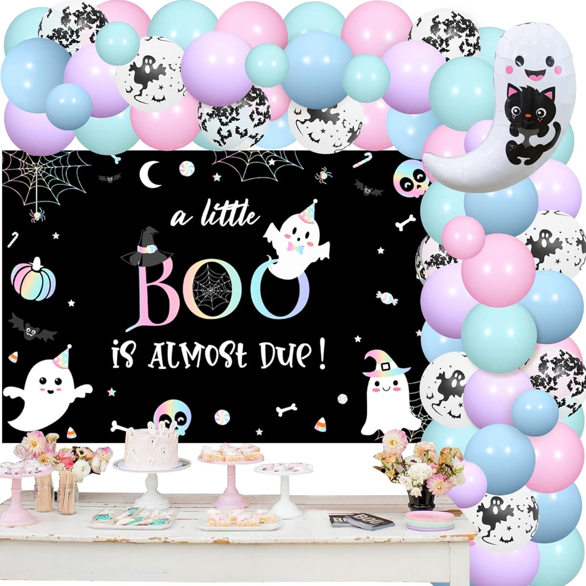Pastel Halloween Baby Shower Decorations, A Little Boo Is Almost Due Balloon Garland Arch Kit Backdrop for Girls Halloween Spooky Party Supplies
