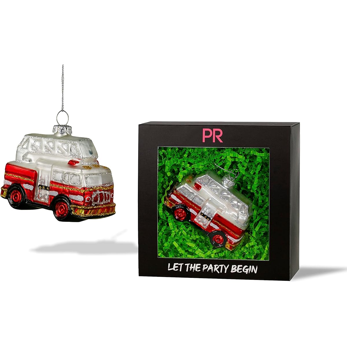 Party Rock Fire Truck Ornament Automobiles & Carriers Collection 3.25" W x 3" H Glass Blown Ornament for Christmas Tree