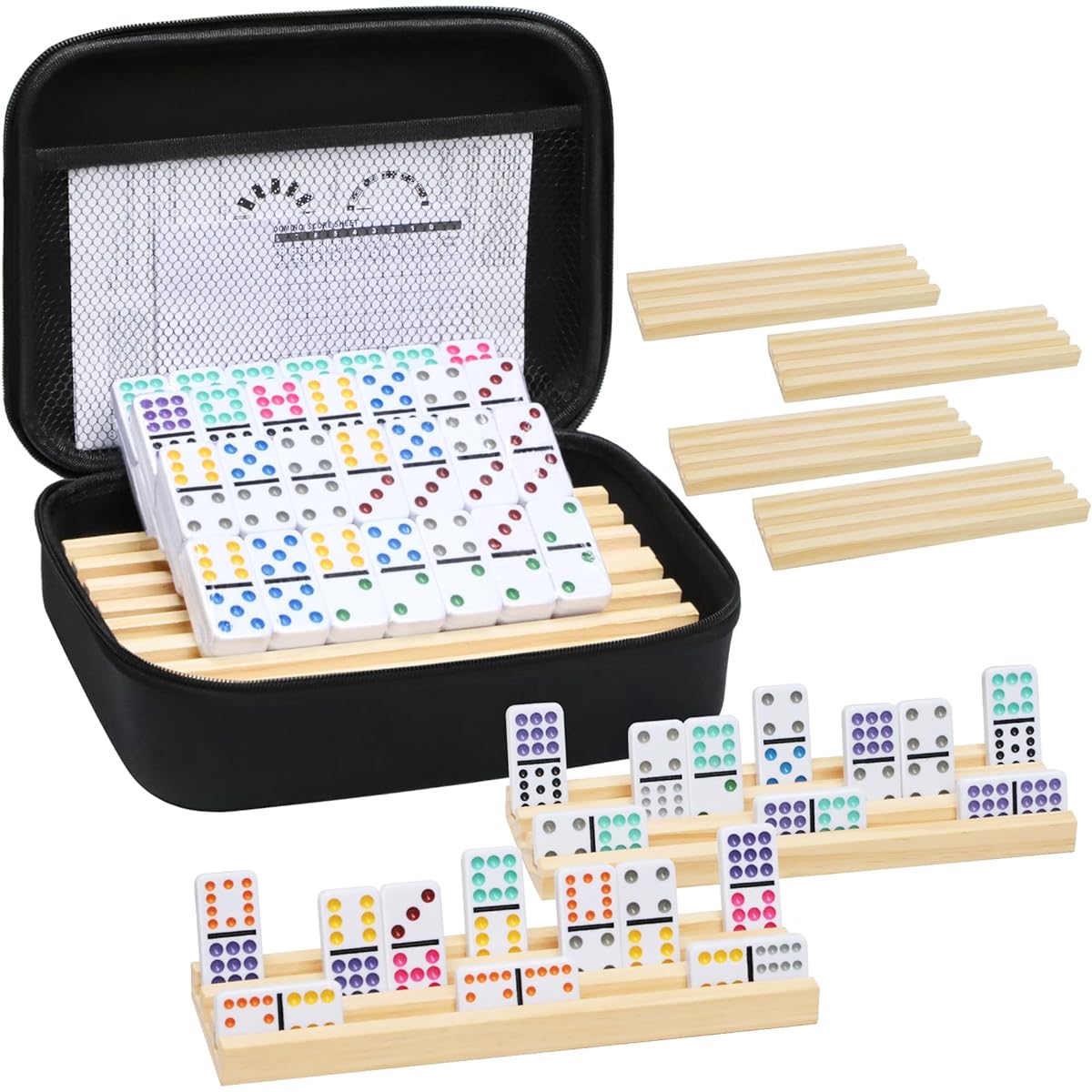uvcany Mexico Train Domino Set with 8 Wooden Trays/Racks, Double 12 Domino Travel Set with 8 Domino Tile Holders, 91 Tiles, Double 12 Color Domino Game Set with Portable Case for Family