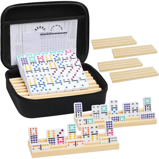 uvcany Mexico Train Domino Set with 8 Wooden Trays/Racks, Double 12 Domino Travel Set with 8 Domino Tile Holders, 91 Tiles, Double 12 Color Domino Game Set with Portable Case for Family