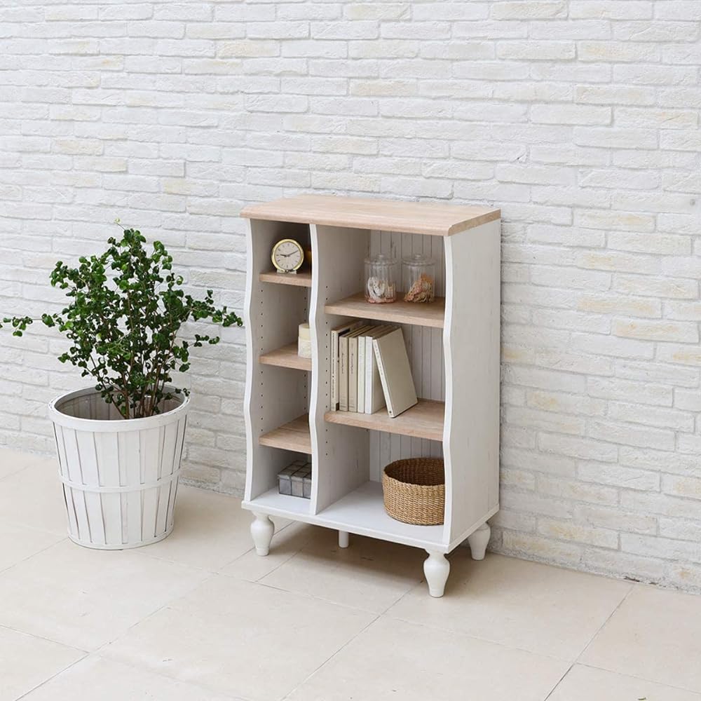Shirai Sangyo Stylish wavy silhouette Cute whitish sheet that looks like weathered wood Rack Bookshelf Natural Brown Width 56.6 Height 88.4 Depth 30.8 cm FSC-9055NW French Shabby Cafe