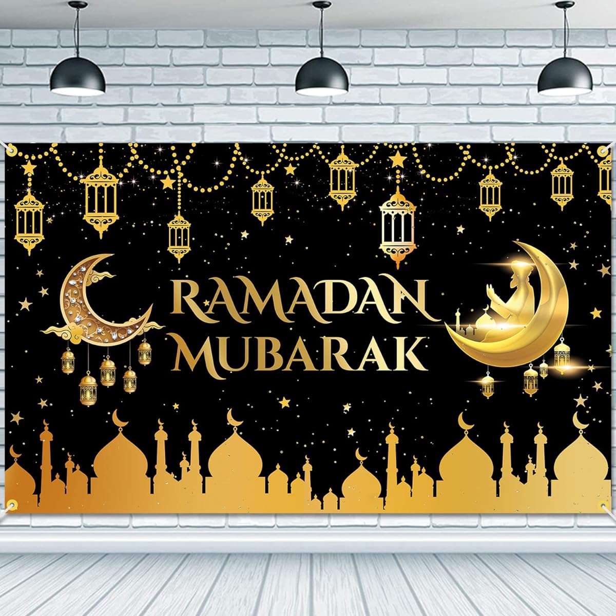 JKQ Ramadan Mubarak Background Banner 73 x 43 Inch Islamic Ramadan Background Banner Lantern Moon Castle Islam Eid Mubarak Festival Party Decoration Ramadan Kareem Indoor Outdoor Photo Booth Props