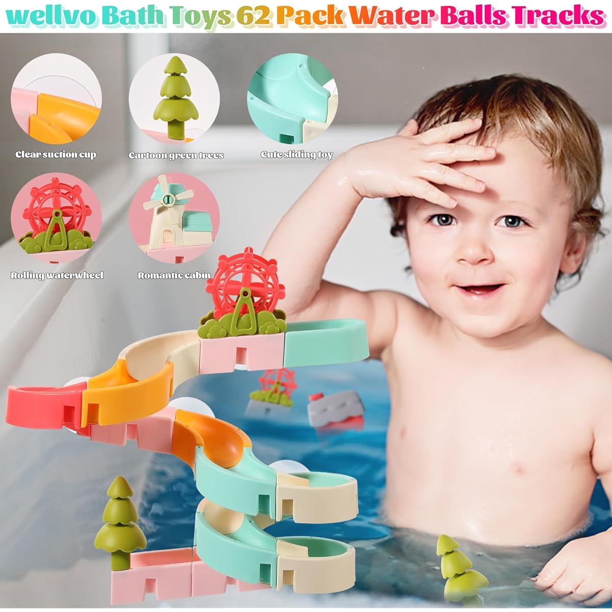 AXSOGAO Bath Toys for Kids Age 4-8, 54 Pieces Wall Bathtub Toy Slide for Toddlers 3 4 5 6 Years Old, No Mold, DIY Bath Toys, Take Apart Truck Set, Shower Toys, Bathtime Toys, Birthday Gifts for Boys and Girls
