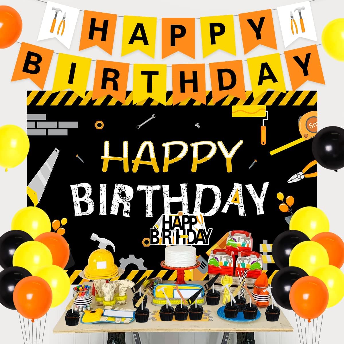 Tools Birthday Party Decorations for Boys Men Tools Happy Birthday Black&Orange Backdrop Tools Happy Birthday Banner Tools Birthday Dessert Table Decorations Hammer Drill Pliers Hand Saw Cake Topper