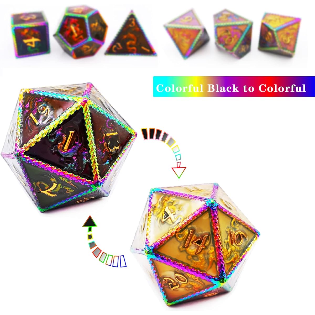 HAOMEJA Color Changing Temperature Metal Dragon DND Dice Set D&D Dice Set Role Playing Dice for Dungeons and Dragons Black Transition Colorful
