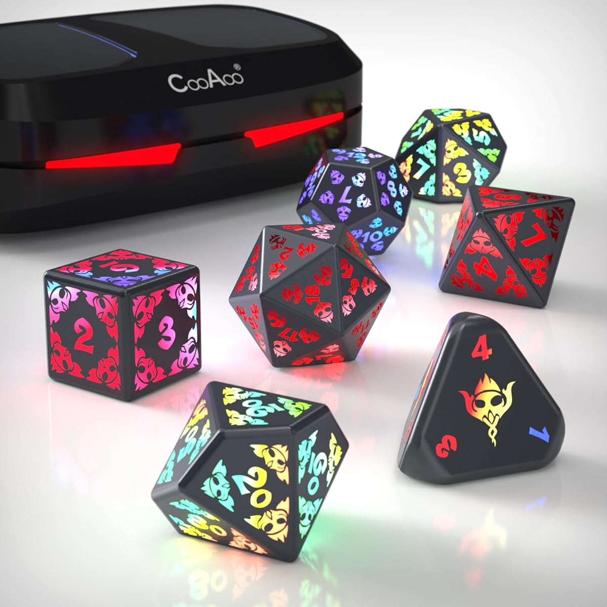 CooAoo Rechargeable Light Up DND Dice Set with Charging Box, LED Polyhedral Role Playing D&D Dice for Dungeons & Dragons PRG MTG Warhammer Sci-Fi Yu-Gi-Oh Theme Tabletop Games