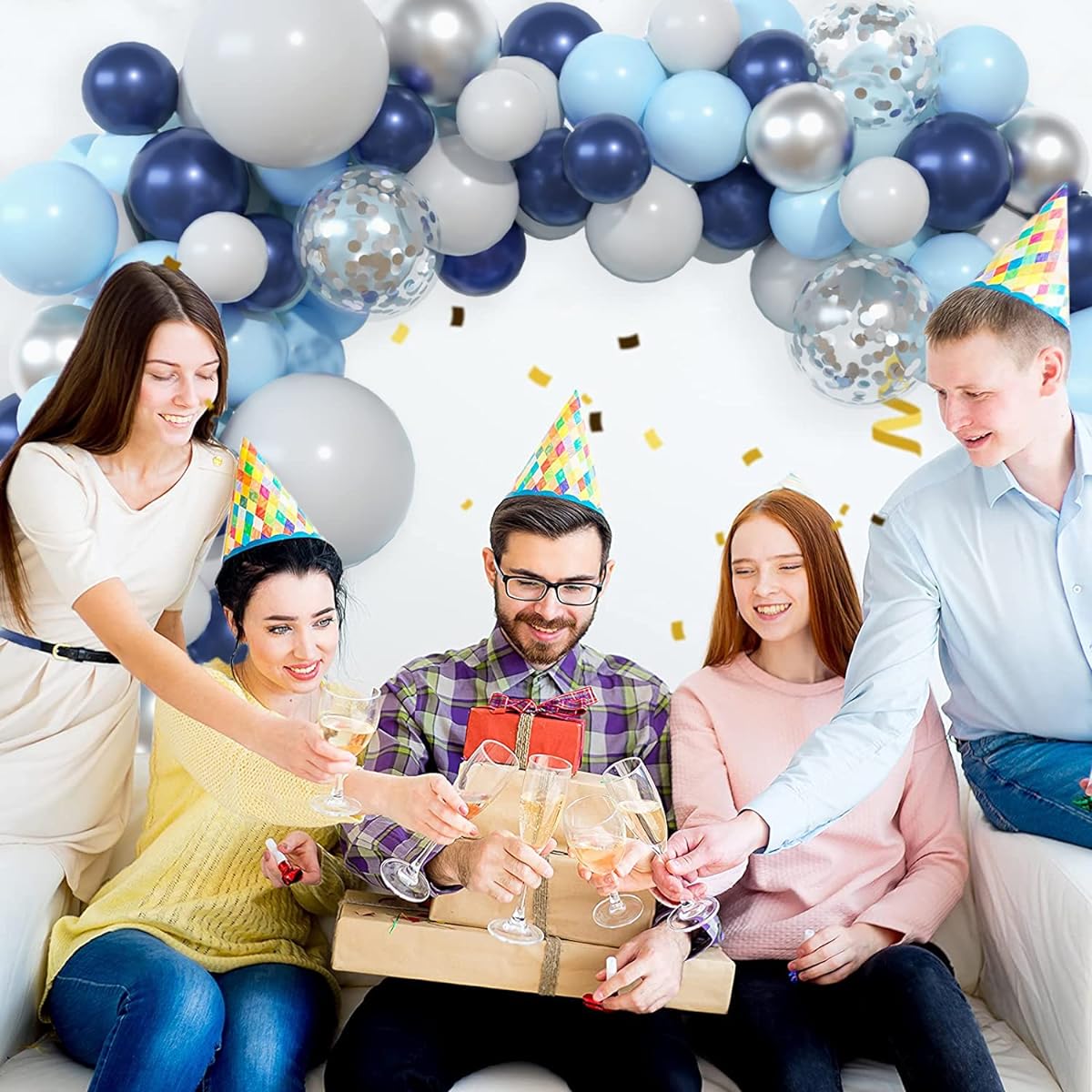 Blue Balloon Garland Kit Pastel Blue Gray Navy Royal Blue Metallic Silver Latex Confetti Balloon Arch Baby Shower Jungle Safari Graduation Birthday Party Decoration