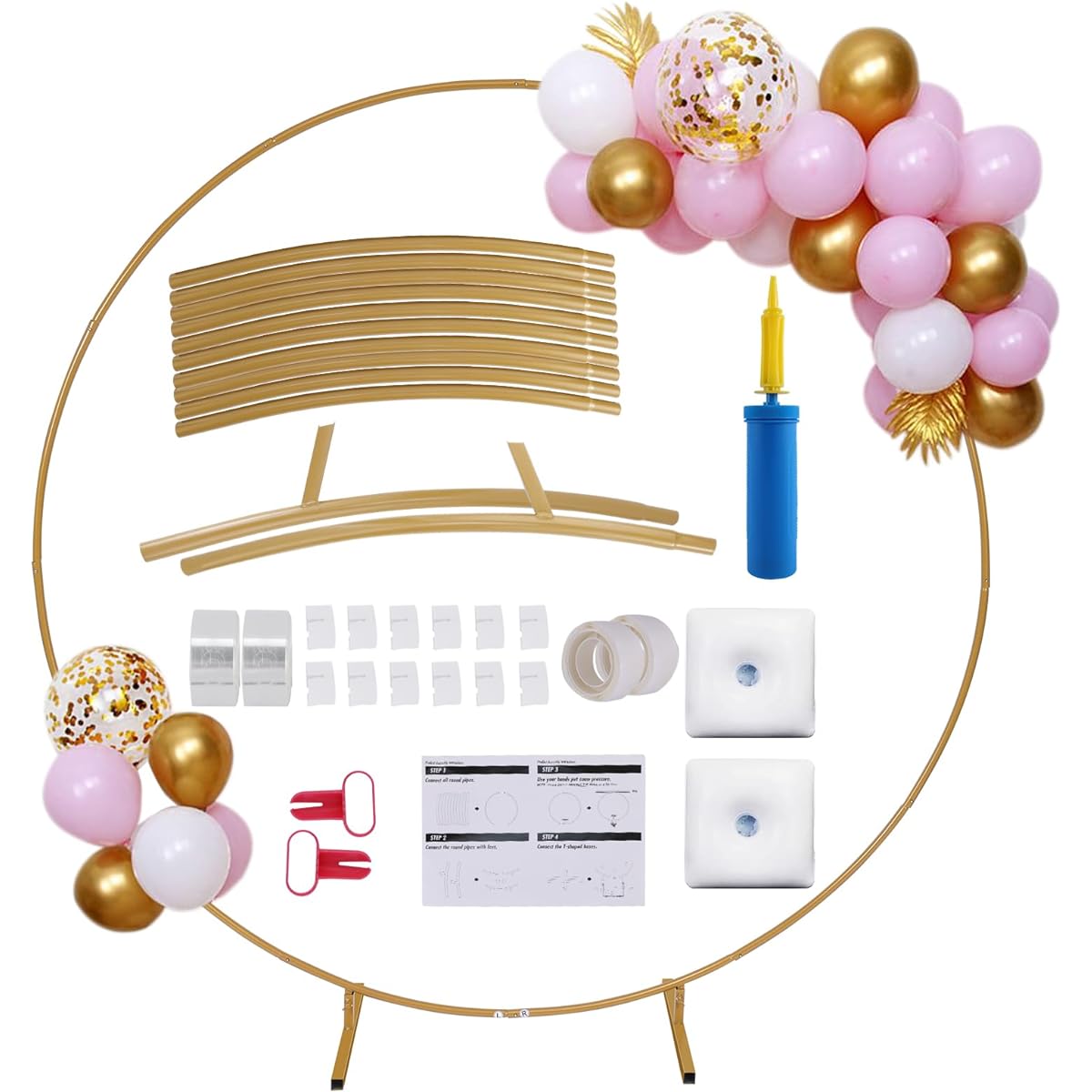 KIINO 6.6ft Round Balloon Arch Stand Kit for Wedding Arch Ceremony Circle Backdrop Stand Party Wedding Birthday Decorations with 2 Water Bags (Gold)