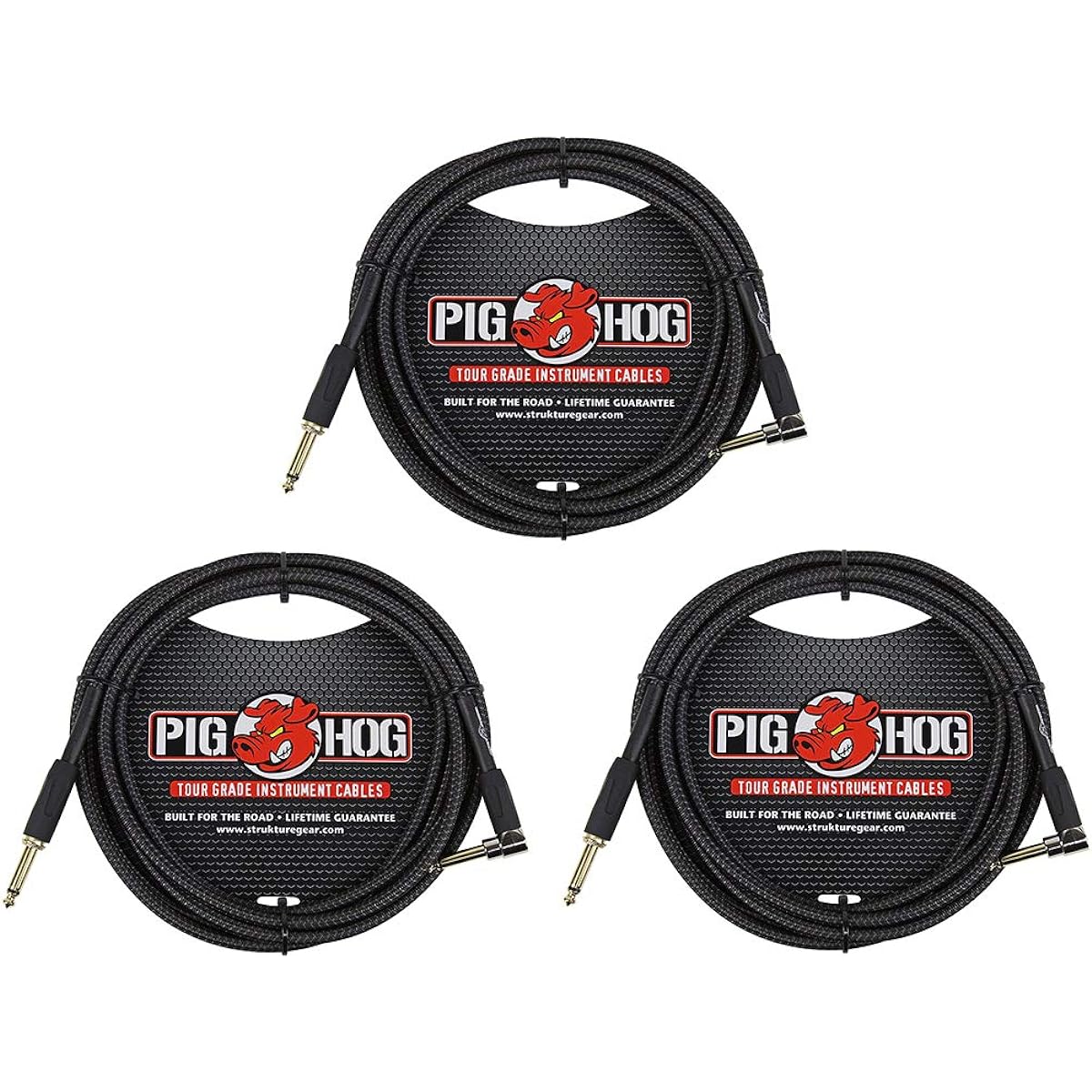 Pig Hog PCH10BKR Black Woven Instrument Cable 10' Right Angle 3 Pack