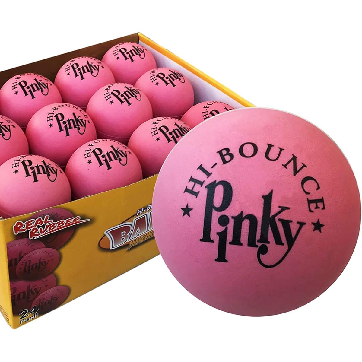 Premium Rubber Balls | 24 Ball Pack | Pinky Bouncy Balls | Colorful Display Box and Ball Combo | Party Supplies | Genuine Solid Rubber High Bounce Pink Ball | Wall Balls for Kids | Most Bouncy Ball Game