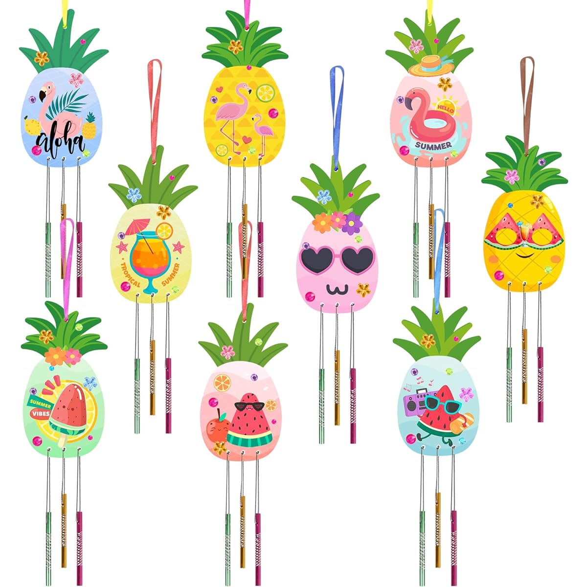 Fennoral Pineapple Wind Chimes Kit 9 Pack for Kids Make Your Own Pineapple Wind Chimes Wooden Arts & Crafts for Girls Boys DIY Coloring Pineapple Hawaii Summer Art Activities Birthday Party
