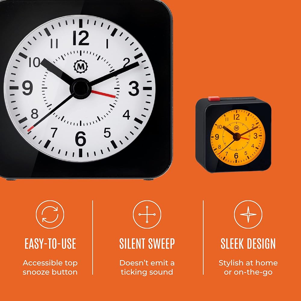 MARATHON Mini Ticking Analog Alarm Clock with Automatic Backlight Snooze Function