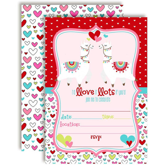 AmandaCreation Llama in Love February Valentine's Birthday Party Invitation 5"x7" Card with 20 White Envelopes