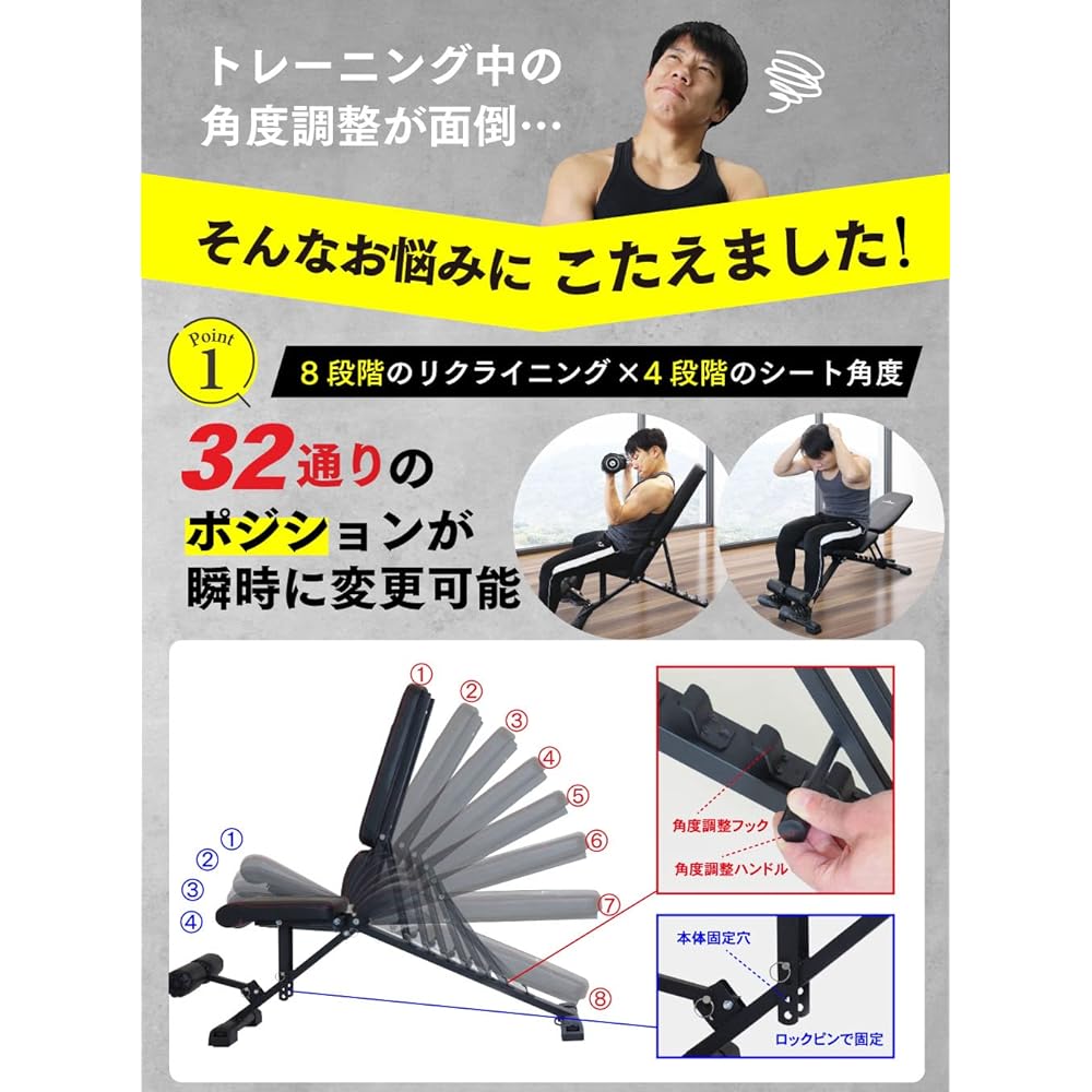 PYKES PEAK Training Bench, Foldable, Compact, Angle Adjustment, Load Capacity 330kg, Incline Bench, Decline Bench, Dumbbell Bench, Muscle Training, Chest Muscles, Abdominal Muscles, Back Muscles, Home Training, Weight Training