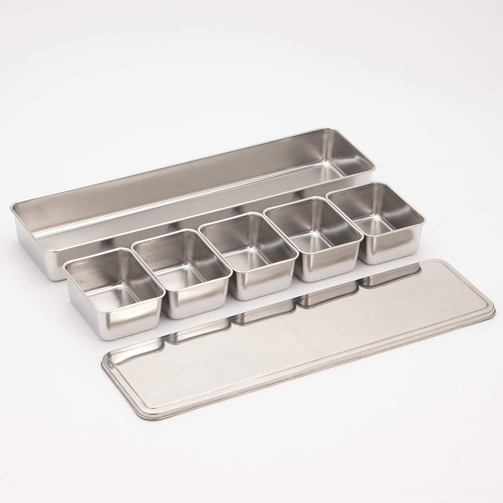 Endo Shoji TKG Seasoning Condiment Holder, 5 Pieces, Length, Width x Depth x Height (mm) 543 x 145 x 60, Can be used as a storage container in a variety of ways, Made of rust-resistant stainless steel, hygienic, for commercial use, AYK11005